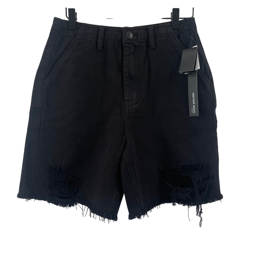 EARNEST SEWN Shorts Size 27 Hi Rise 7" Black NWT Distressed Raw Hem Denim Jean